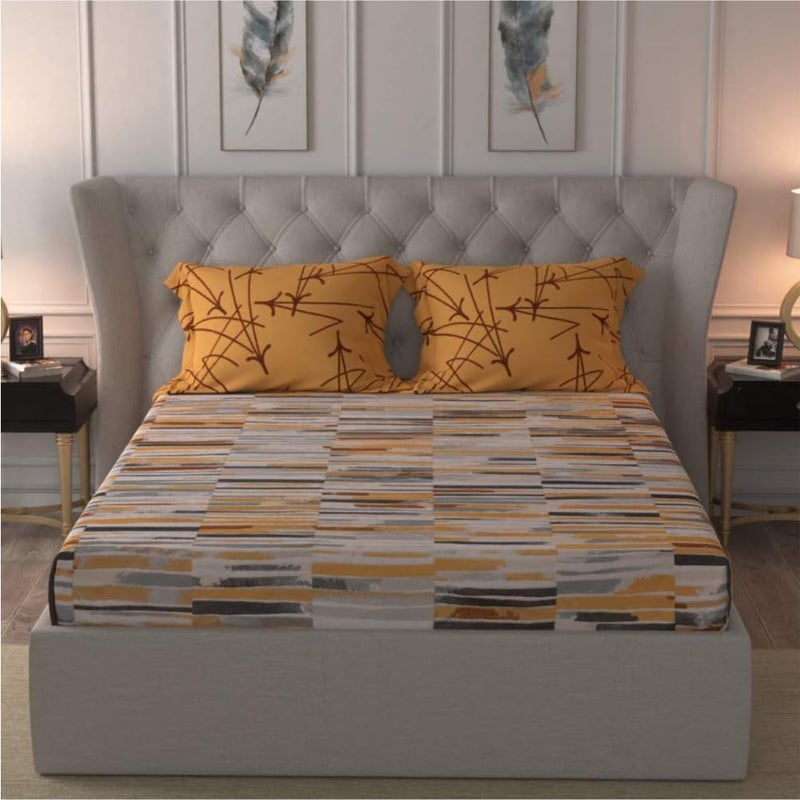 Urban Space Divine Collection 160 TC Cotton Double Bedsheet with 2 Pillow Covers Stripes Mustard - Image 1
