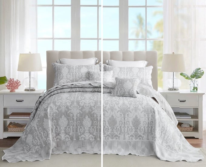 OVERSIZED KING BEDSPREAD JACQUARD MATELASSE DAMASK PATTERN DESIGN LIGHTWEIGHT REVERSIBLE 5 PIECE 100 MICROFIBER GRAY