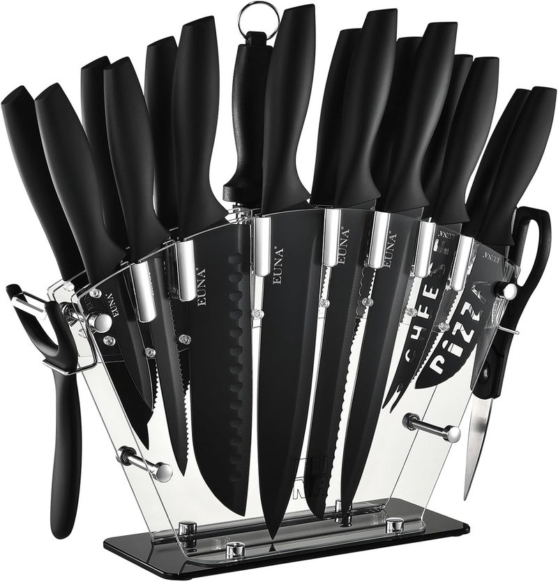 EUNA Kitchen Knife Set, 19 PCS Black Knife Set with Acrylic Block and Sharpener, German High-Carbon Stainless Steel Knife Sets with 6 Serrated Steak Knives, Bread Knife, Chef Knife, Dishwasher Safe - Image 1