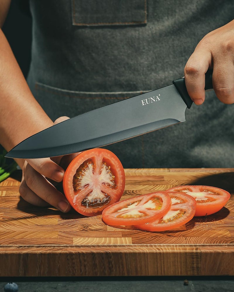 EUNA Kitchen Knife Set, 19 PCS Black Knife Set with Acrylic Block and Sharpener, German High-Carbon Stainless Steel Knife Sets with 6 Serrated Steak Knives, Bread Knife, Chef Knife, Dishwasher Safe - Image 4