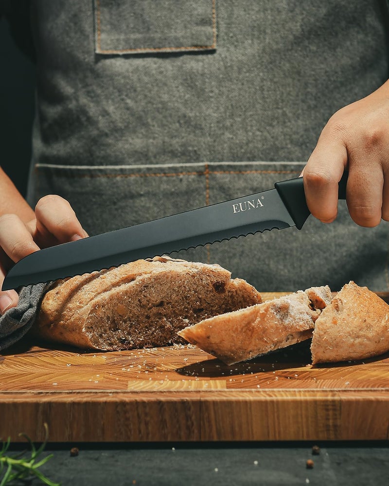 EUNA Kitchen Knife Set, 19 PCS Black Knife Set with Acrylic Block and Sharpener, German High-Carbon Stainless Steel Knife Sets with 6 Serrated Steak Knives, Bread Knife, Chef Knife, Dishwasher Safe - Image 5