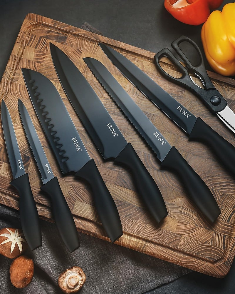 EUNA Kitchen Knife Set, 19 PCS Black Knife Set with Acrylic Block and Sharpener, German High-Carbon Stainless Steel Knife Sets with 6 Serrated Steak Knives, Bread Knife, Chef Knife, Dishwasher Safe - Image 2