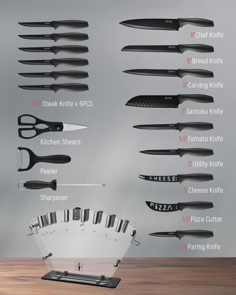 EUNA Kitchen Knife Set, 19 PCS Black Knife Set with Acrylic Block and Sharpener, German High-Carbon Stainless Steel Knife Sets with 6 Serrated Steak Knives, Bread Knife, Chef Knife, Dishwasher Safe - Image 3