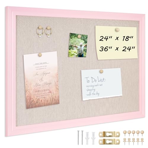 DOLLAR BOSS Bulletin Board with Linen 24'' x 18'' Pink Framed Cork Boards for Walls, Photo Display Pin Board, Decorative Corkboard for Office Home School Girls Dorm Decor with 10 Pushpins, White - Image 1
