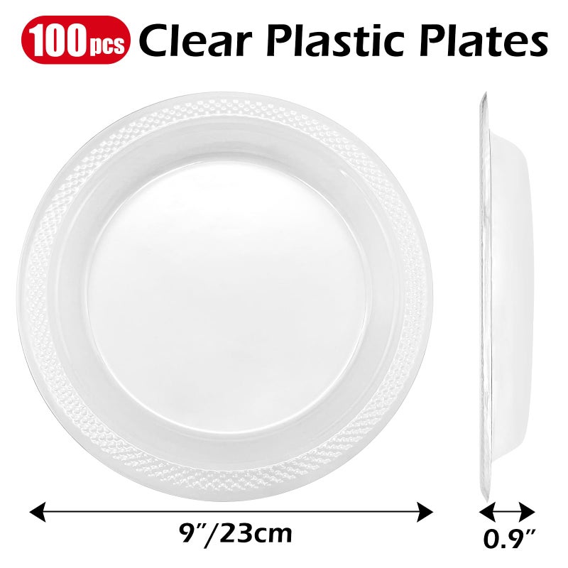 GRWJHUM 100 Count Clear Plastic Plates 9 Inch,Washable & Reusableï¼ŒDessert Plates Disposable,Cake Plates Disposable,Clear Plates For Party,Weddings and Events - Image 2