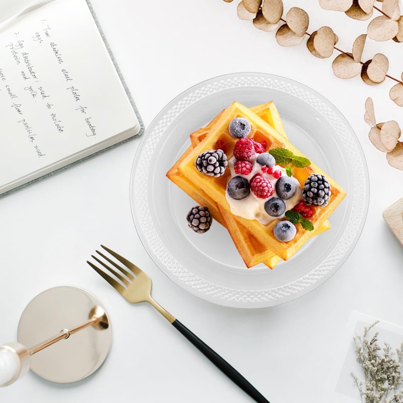 GRWJHUM 100 Count Clear Plastic Plates 9 Inch,Washable & Reusableï¼ŒDessert Plates Disposable,Cake Plates Disposable,Clear Plates For Party,Weddings and Events - Image 4