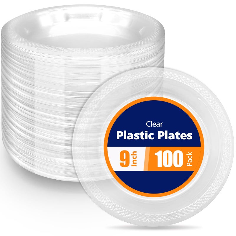 GRWJHUM 100 Count Clear Plastic Plates 9 Inch,Washable & Reusableï¼ŒDessert Plates Disposable,Cake Plates Disposable,Clear Plates For Party,Weddings and Events - Image 1