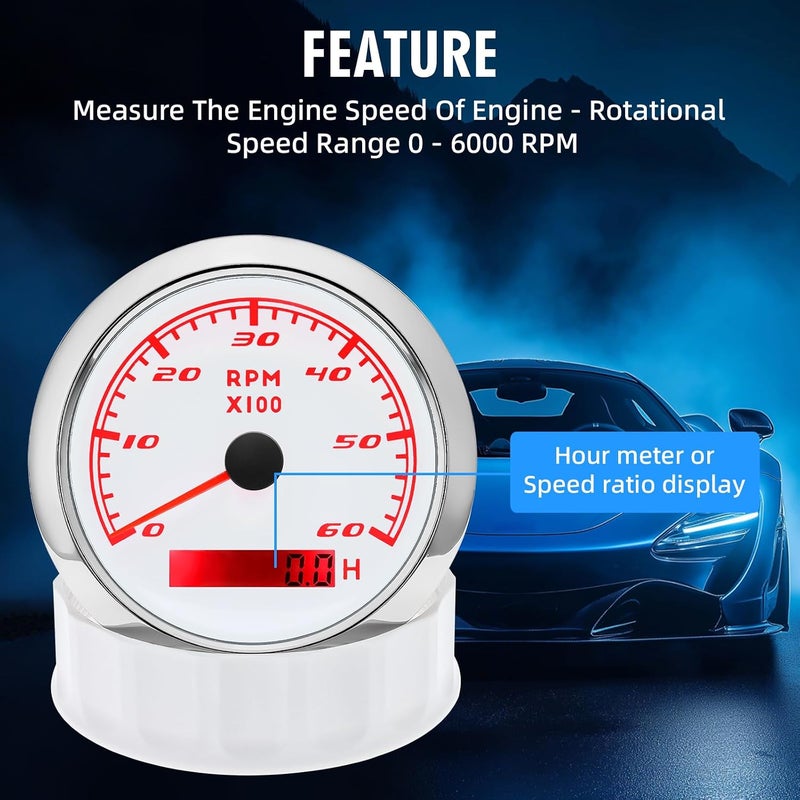 MAIMEIMI Tachometer Gauge 7 Color 0-6000 RPM Tacho Meter 85mm 3 3/8" for Auto Boat Marine Vehicle（White） - Image 3