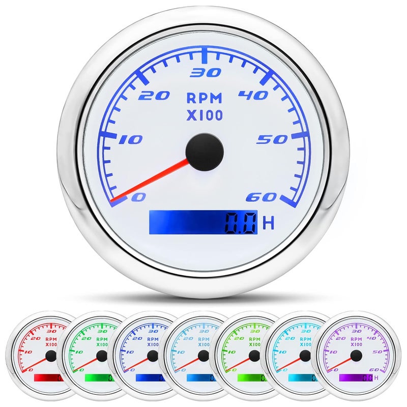 MAIMEIMI Tachometer Gauge 7 Color 0-6000 RPM Tacho Meter 85mm 3 3/8" for Auto Boat Marine Vehicle（White） - Image 1