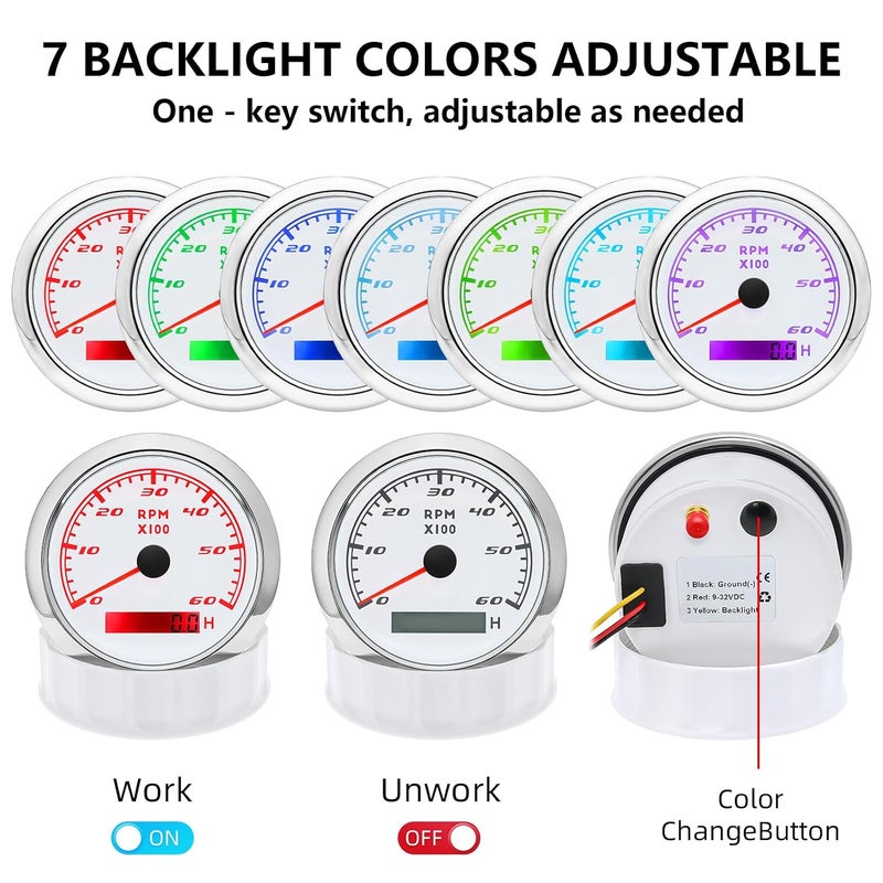 MAIMEIMI Tachometer Gauge 7 Color 0-6000 RPM Tacho Meter 85mm 3 3/8" for Auto Boat Marine Vehicle（White） - Image 4
