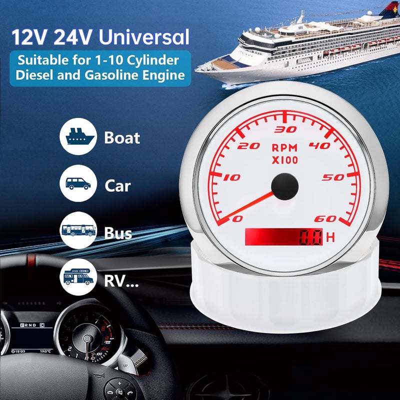MAIMEIMI Tachometer Gauge 7 Color 0-6000 RPM Tacho Meter 85mm 3 3/8" for Auto Boat Marine Vehicle（White） - Image 2