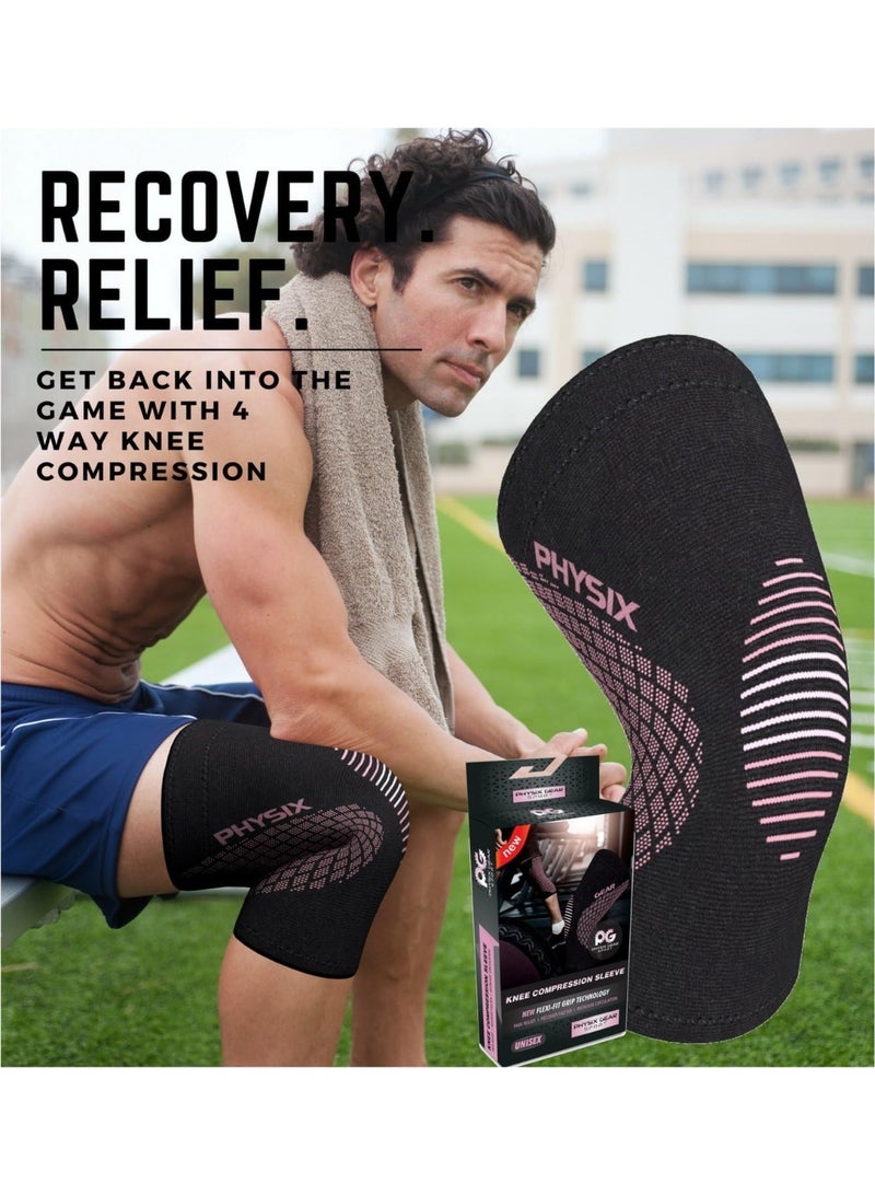Physix Gear Sport دعامة دعم الركبة PHYSIX GEAR - سترة استرداد وضغط متميزة لتمزق الغضروف المفصلي، ACL، MCL للجري والتهاب المفاصل - أفضل لفائف مثبتة من النيوبرين لتمارين كروس فيت، القرفصاء والتمارين الرياضية - وردي XL مفرد - Image 5