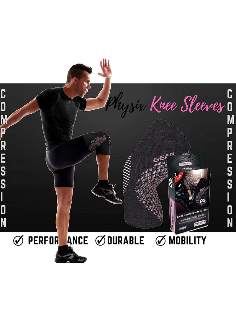 Physix Gear Sport دعامة دعم الركبة PHYSIX GEAR - سترة استرداد وضغط متميزة لتمزق الغضروف المفصلي، ACL، MCL للجري والتهاب المفاصل - أفضل لفائف مثبتة من النيوبرين لتمارين كروس فيت، القرفصاء والتمارين الرياضية - وردي XL مفرد - Image 3