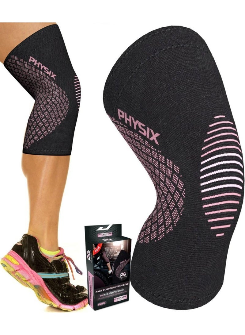 Physix Gear Sport دعامة دعم الركبة PHYSIX GEAR - سترة استرداد وضغط متميزة لتمزق الغضروف المفصلي، ACL، MCL للجري والتهاب المفاصل - أفضل لفائف مثبتة من النيوبرين لتمارين كروس فيت، القرفصاء والتمارين الرياضية - وردي XL مفرد - Image 1
