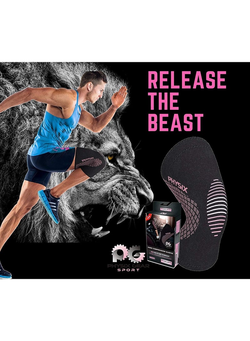 Physix Gear Sport دعامة دعم الركبة PHYSIX GEAR - سترة استرداد وضغط متميزة لتمزق الغضروف المفصلي، ACL، MCL للجري والتهاب المفاصل - أفضل لفائف مثبتة من النيوبرين لتمارين كروس فيت، القرفصاء والتمارين الرياضية - وردي XL مفرد - Image 4
