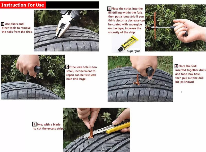FROCEL Tubeless Tire Puncher Kit Emergency Flat Tire Repair Patch Puncture Kit for Car, Bike, SUV, & Motorcycle with Storage Bag, Plier and 5Pcs Tyre Valve Stem Core & Tool (with 15 Strip) - Image 4