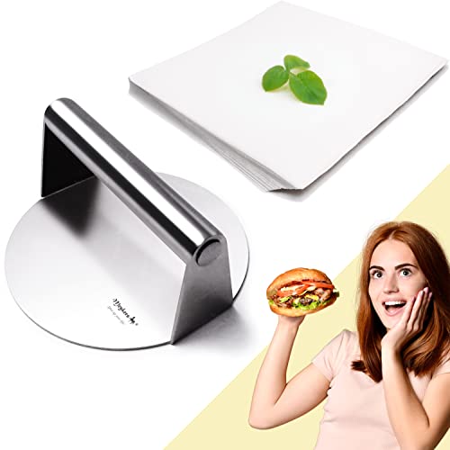 Meykers Burger Smasher 6.3" Smash Press Hamburger & 100 Patty Paper | for Griddle Grill Pan Skillet | Weight Gain Flat Presser Smashburger Maker 304 Stainless Steel | Meat Bacon Sandwich Tool Kit - Image 1