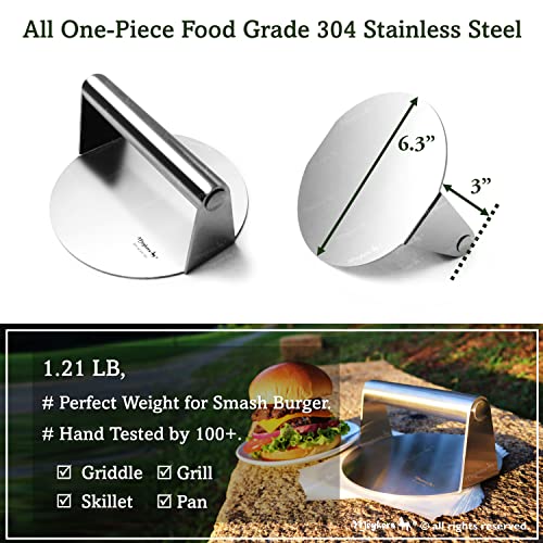 Meykers Burger Smasher 6.3" Smash Press Hamburger & 100 Patty Paper | for Griddle Grill Pan Skillet | Weight Gain Flat Presser Smashburger Maker 304 Stainless Steel | Meat Bacon Sandwich Tool Kit - Image 3