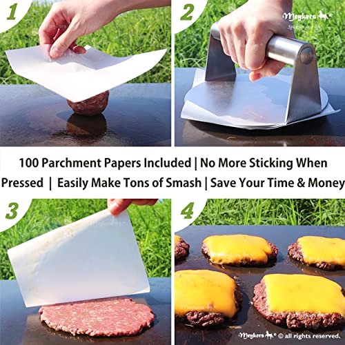 Meykers Burger Smasher 6.3" Smash Press Hamburger & 100 Patty Paper | for Griddle Grill Pan Skillet | Weight Gain Flat Presser Smashburger Maker 304 Stainless Steel | Meat Bacon Sandwich Tool Kit - Image 4