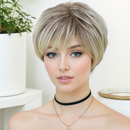 GNIMEGIL Short Blonde Pixie Cut Wigs for White Women with Bangs Dark Roots Old Lady Wig Natural Synthetic Ombre Layered Hairstyles Cosplay Costume Party Halloween Daily Use - Image 2