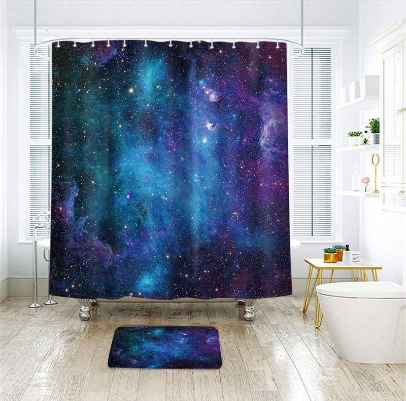 Riyidecor Fabric Galaxy Star Outer Space Shower Curtain for Bathroom Decor 72Wx72H Inch Starry Bathtub Set Men Boys Trippy Nebula Universe Planet Accessories Decor Panel Bathroom 12 Pack Hooks WW-CLLE - Image 3