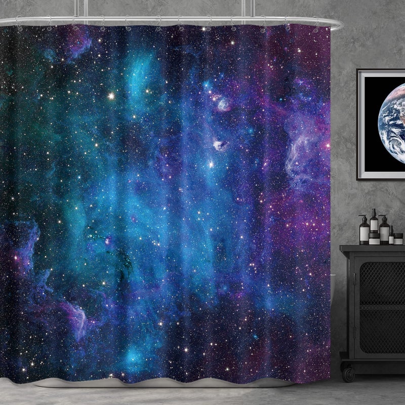 Riyidecor Fabric Galaxy Star Outer Space Shower Curtain for Bathroom Decor 72Wx72H Inch Starry Bathtub Set Men Boys Trippy Nebula Universe Planet Accessories Decor Panel Bathroom 12 Pack Hooks WW-CLLE - Image 1