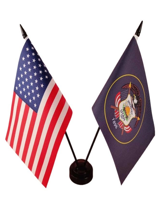 Zigvert America & Utah Twin Desk Flag, US Utah Table Flags, 8 x 5 Inches American & Utah Deluxe Desk Flag Set - Miniature USA & Utah Stick Flag with Flag Stand - Image 1