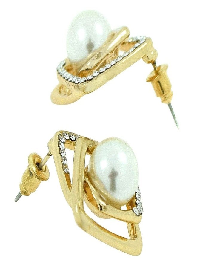 Zivom® Daily Work Pearl American Diamond 18K Gold Plated Brass Stud Earring For Women - Image 3