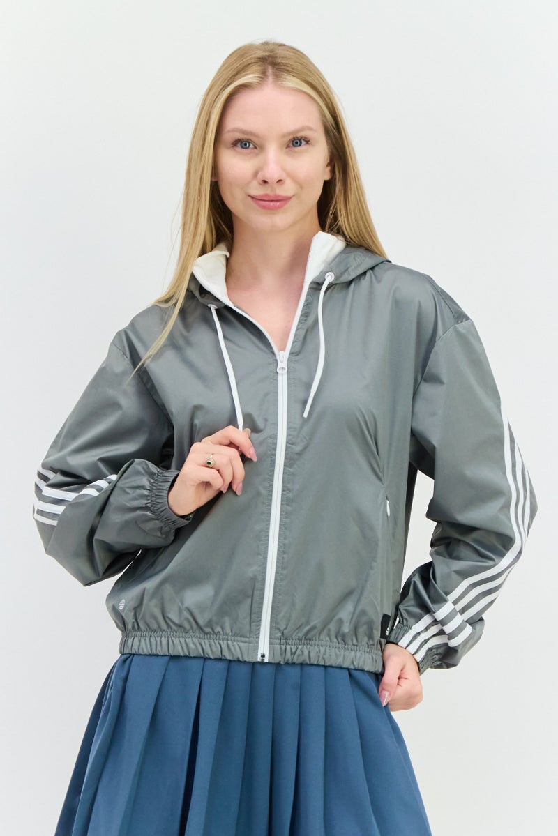 Adidas جاكيت رياضي نسائي بأكمام طويلة مناسب للخارج، رمادي - Image 1