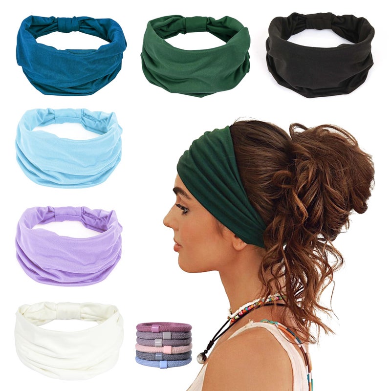 GiLi 6 Pack Wide Headbands for Women Non Slip Soft Elastic Hair Bands Yoga Running Sports Workout Gym Head Wraps, Knotted Cotton Cloth African Turbans Bandana (with 6 Pcs Hair Ties) - Image 1
