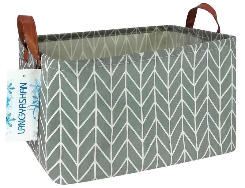 LANGYASHAN Rectangular Storage Bin Collapse Canvas Fabric Cartoon Storage Basket with Handles for Organizing Home Kitchen Boys and Girls Toys Office Closet Shelf Baskets Rec Grey Point - Image 2