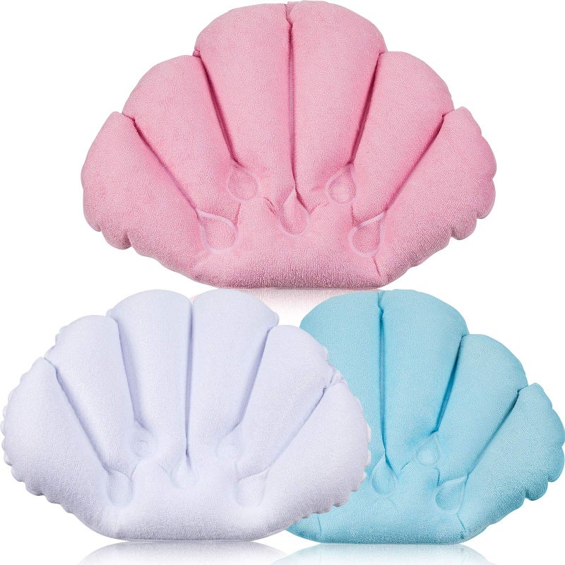 Jetec 3 Pieces Inflatable Bath Pillow with Suction Cups Terry Cloth Covered Shell Shape Bathtub Spa Pillow Comfortable Soft Cushion Neck SupportPink Blue White