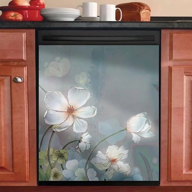 MLGB Blooming White Flowers Dishwasher Cover Decorative Magnet Dishwasher Covers for The Front Dishwasher Door Magnet Cover Sticker for Dishwasher Magnetic Dishwasher Cover Panel Decals for Kitchen