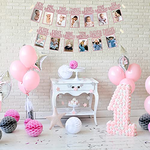 PartyHooman 1st Birthday Photo Banner for Baby from Newborn to 12 Months, 1st Birthday Decorations Girl Monthly Milestones Garland | 1 Year Old First Photo Banner Pre-strung with Frame (Rose Gold) - Image 5