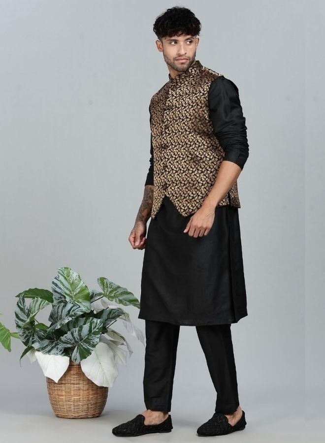 Abhishti Black Kurta Set with Gold and Black Brocade Nehru Jacket - Image 3