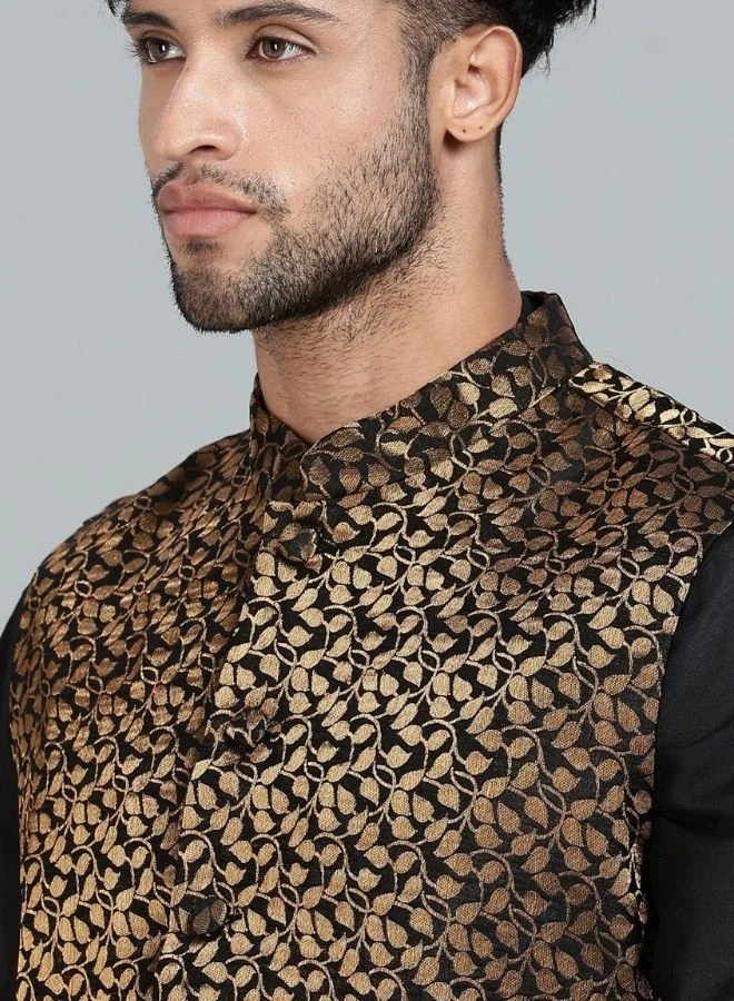 أبهشتي Black Kurta Set with Gold and Black Brocade Nehru Jacket