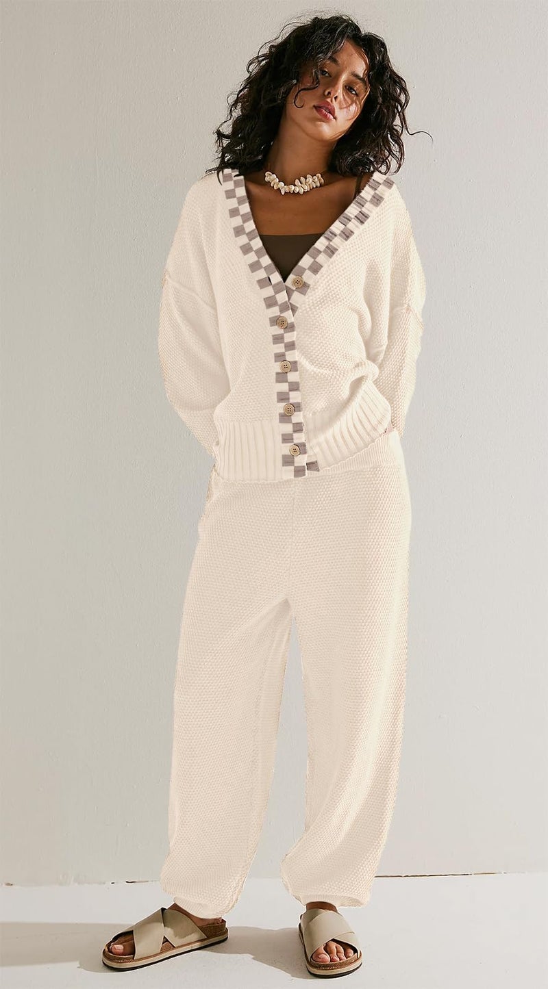 SAUKOLE Two Piece Sweater Sets for Women Free People Dupes Knit Sweatsuit Button Down Cardigan High Waist Pants Outfit Set Tracksuit - Image 1