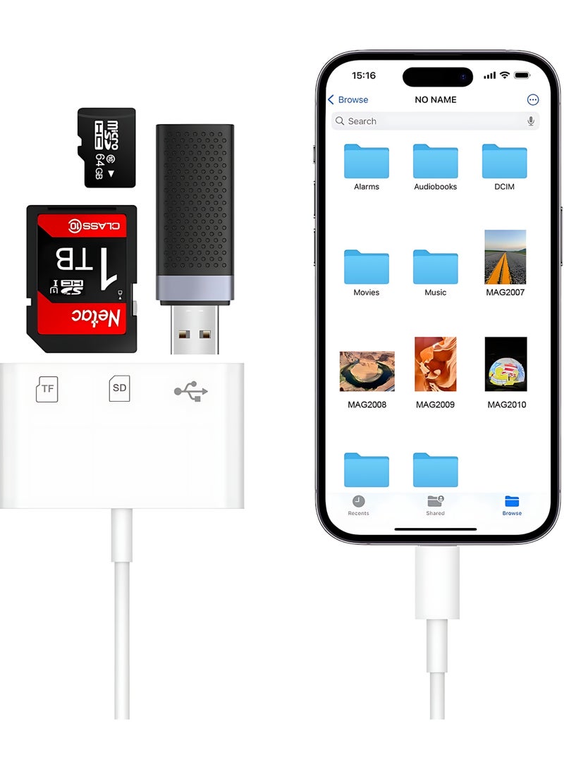 SD Card Reader for iPhone, Lightning to SD Card Reader, Memory Card Reader with USB Camera Adapter, Plug and Play Camera Viewer, Support SD & TF Card microSD Card Adapter, For iPad without app