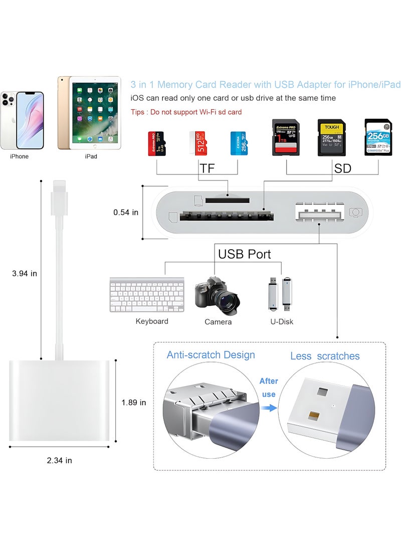 SD Card Reader for iPhone, Lightning to SD Card Reader, Memory Card Reader with USB Camera Adapter, Plug and Play Camera Viewer, Support SD & TF Card microSD Card Adapter, For iPad without app