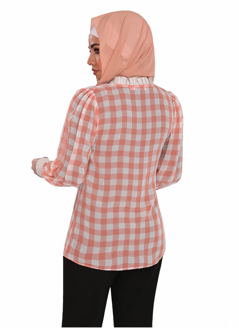 Smoky Egypt - Ruffles Blouse With Neck Ribbon And Wide Cuffs - Orange - Image 1