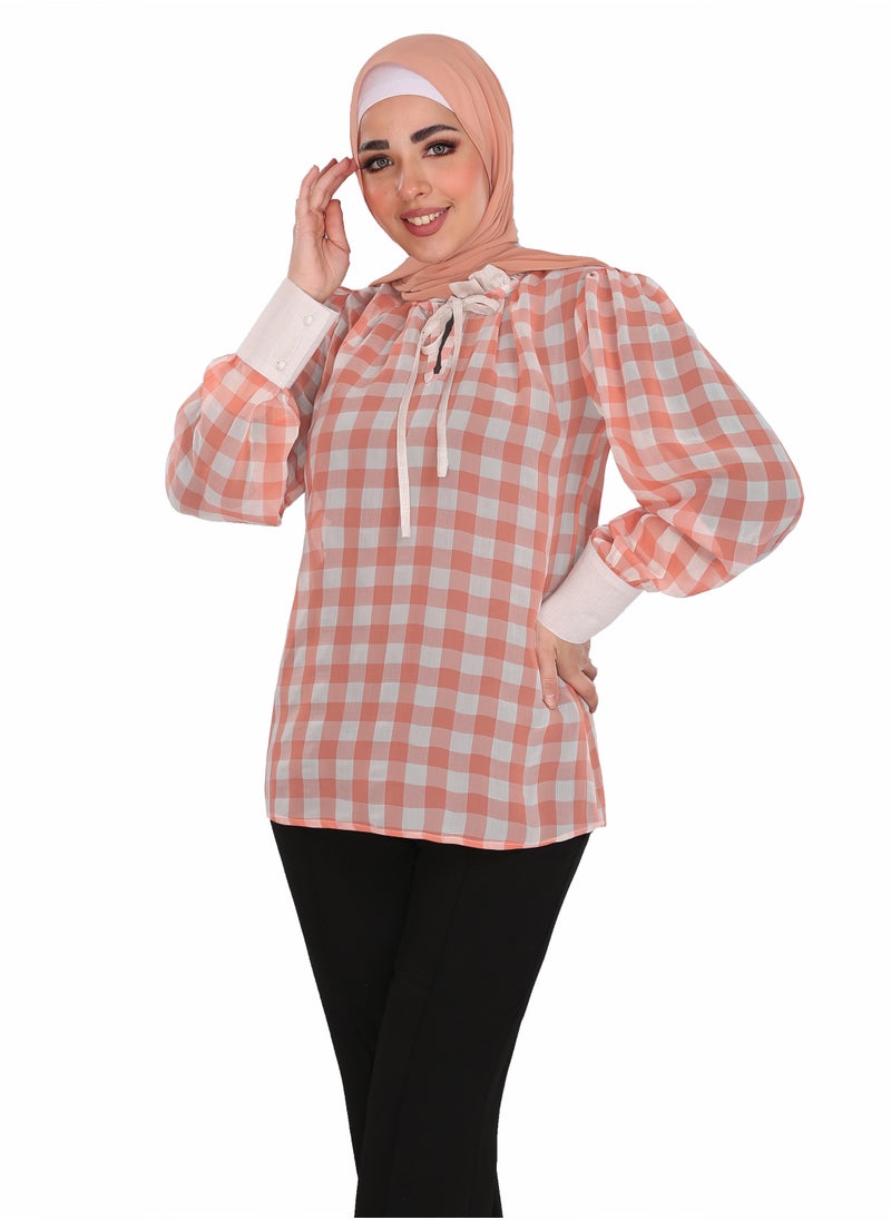Smoky Egypt - Ruffles Blouse With Neck Ribbon And Wide Cuffs - Orange - Image 1