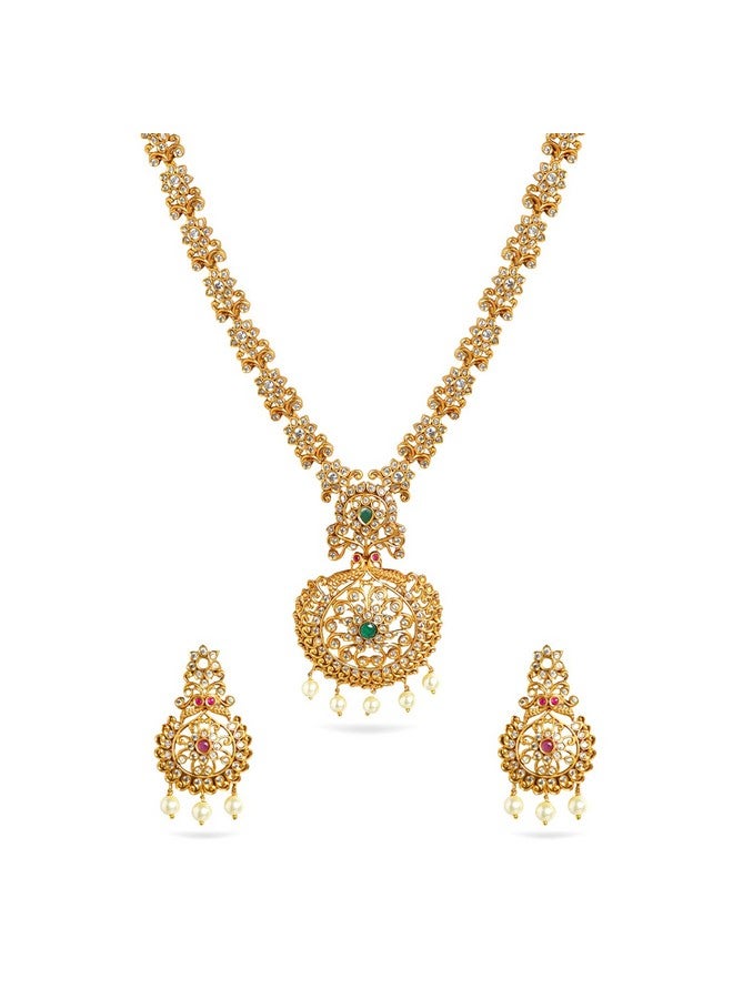Rubans 24K Gold Plated Ruby & Emerald Stone Studded Temple Necklace Set with Pearl Beaded For Women - Image 1