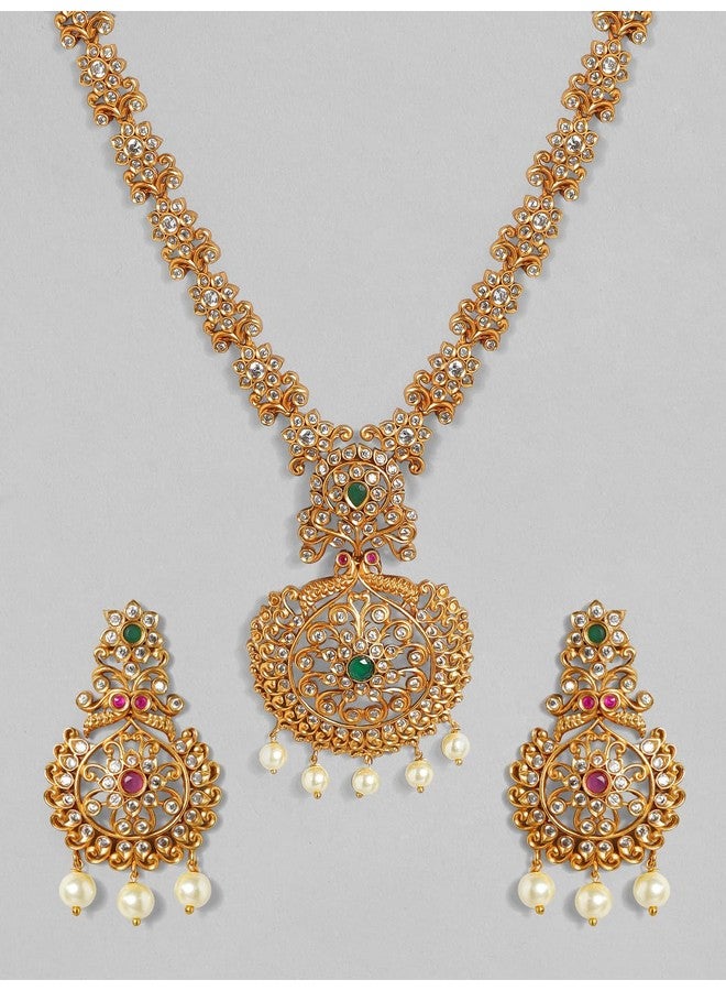 Rubans 24K Gold Plated Ruby & Emerald Stone Studded Temple Necklace Set with Pearl Beaded For Women - Image 2