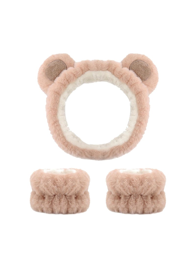 AEGYPIUS Fuzzy Bear Ear Headbands with Matching Wristbands for Womens Facial Makeup Skincare Spa and Face Washing Brown 