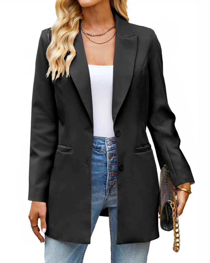 luvamia Blazers for Women Business Casual Long Blazer Jackets Dressy Work Professional Office Outfits Lapel Pockets Womens Blazers Casual Blazer for Women Black Size Xx-Large Size 20 Size 22 - Image 1
