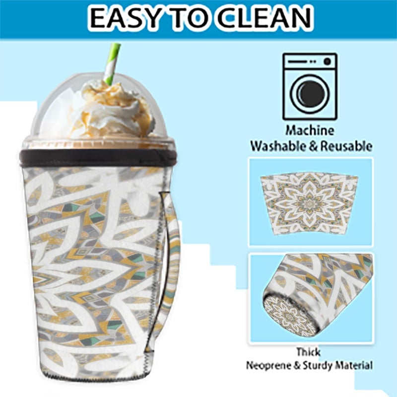 30-32oz Reusable Gold Mandala Art Iced Coffee Sleeves 16-32oz Insulator Sleeves with Handle for Cold Drinks Beverages Drink Sleeve Holder for Popular Brands Coffee Cup-L - Image 4