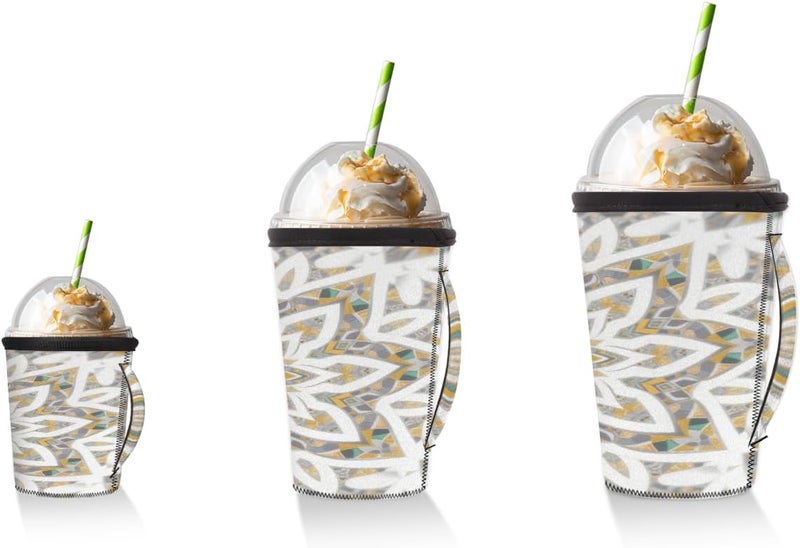 30-32oz Reusable Gold Mandala Art Iced Coffee Sleeves 16-32oz Insulator Sleeves with Handle for Cold Drinks Beverages Drink Sleeve Holder for Popular Brands Coffee Cup-L - Image 5