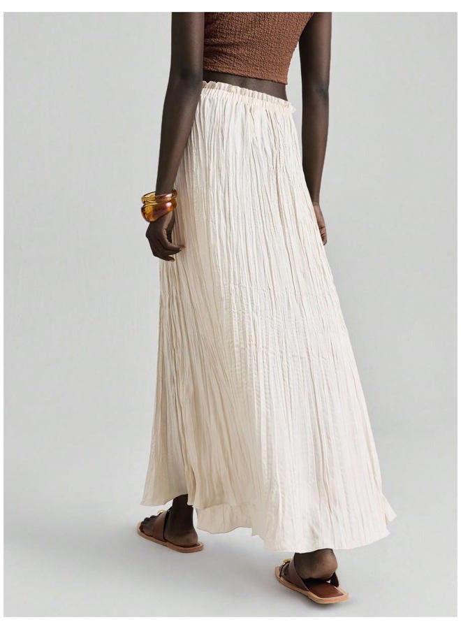 Verdusa Women's Vacation Textured Pleated Maxi Skirt Boho Ruffle Flowy Long Skirts, Beige, M - Image 2