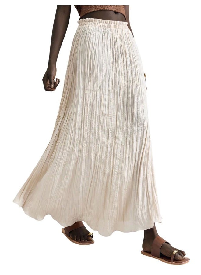 Verdusa Women's Vacation Textured Pleated Maxi Skirt Boho Ruffle Flowy Long Skirts, Beige, M - Image 1