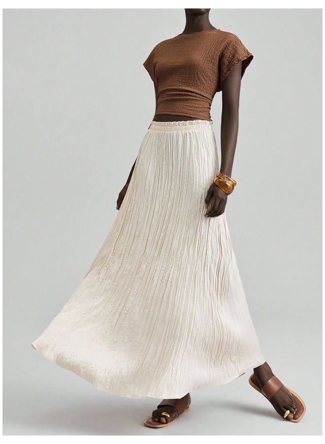 Verdusa Women's Vacation Textured Pleated Maxi Skirt Boho Ruffle Flowy Long Skirts, Beige, M - Image 5